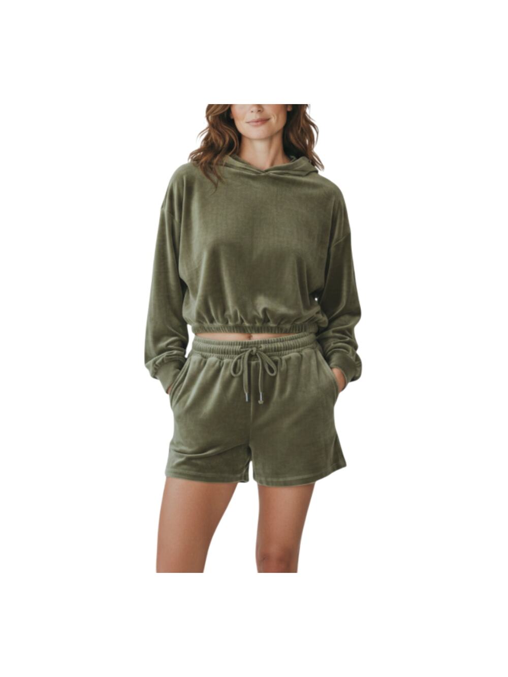 ARAMINTA JAMES Velour Crop Hoodie Women 6/XS Khaki Everyday Stylish Travel NWT